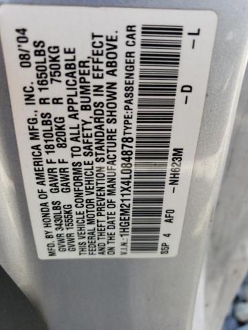 1HGEM211X4L084878 - 2004 HONDA CIVIC DX VP Silber Foto 12