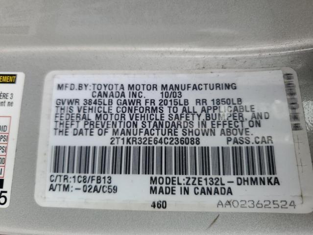 2T1KR32E64C236088 - 2004 TOYOTA COROLLA MA XR SILVER photo 12