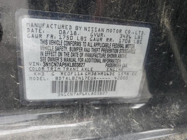 3N1CN7AP6KL803827 - 2019 NISSAN VERSA S BLACK photo 12
