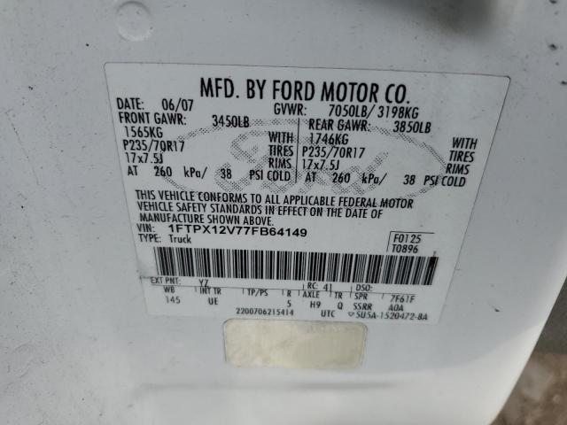 1FTPX12V77FB64149 - 2007 FORD F150 WHITE photo 12