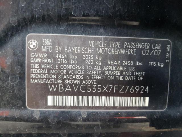 WBAVC535X7FZ76924 - 2007 BMW 3 SERIES I SULEV BLACK photo 12