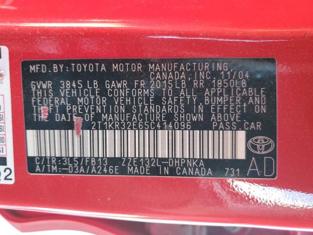 2T1KR32E65C414096 - 2005 TOYOTA COROLLA MA XR RED photo 12