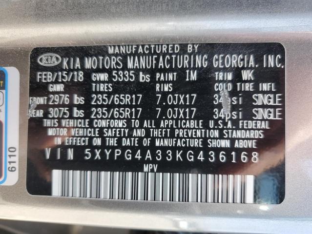 5XYPG4A33KG436168 - 2019 KIA SORENTO L GRAY photo 13