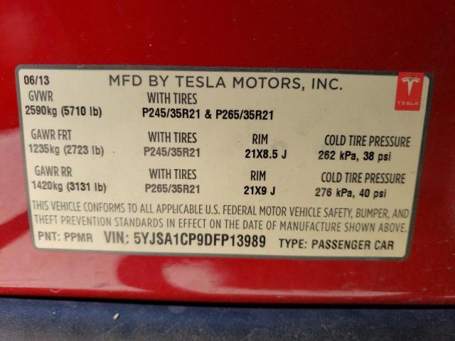 5YJSA1CP9DFP13989 - 2013 TESLA MODEL S 红色 照片 12