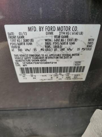 1FM5K7D81DGB97214 - 2013 FORD EXPLORER XLT GRAY photo 13