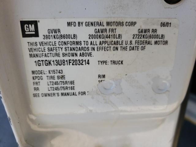 1GTGK13U81F203214 - 2001 GMC SIERRA K1500 HEAVY DUTY WHITE photo 12