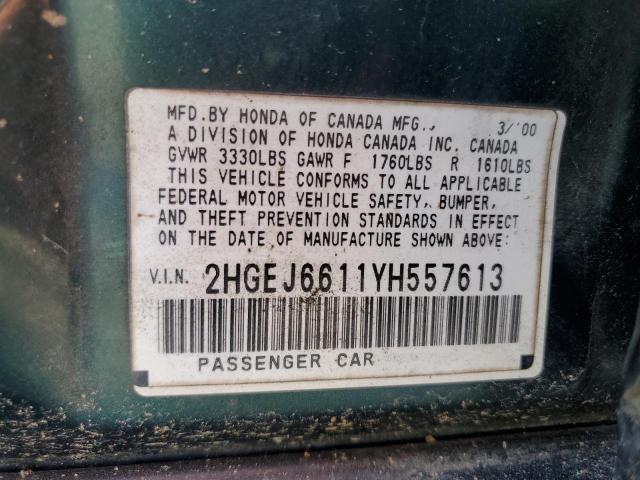 2HGEJ6611YH557613 - 2000 HONDA CIVIC BASE GREEN photo 12