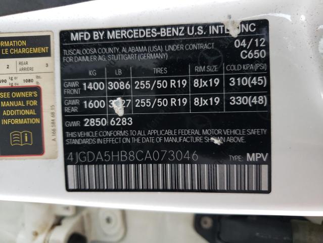 4JGDA5HB8CA073046 - 2012 MERCEDES-BENZ ML 350 4MATIC WHITE photo 12