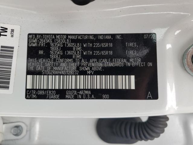 5TDGZRAH4NS129232 - 2022 TOYOTA HIGHLANDER XLE WHITE photo 13