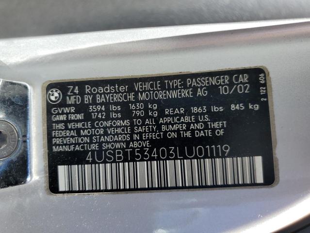 4USBT53403LU01119 - 2003 BMW Z4 3.0 SILVER photo 12