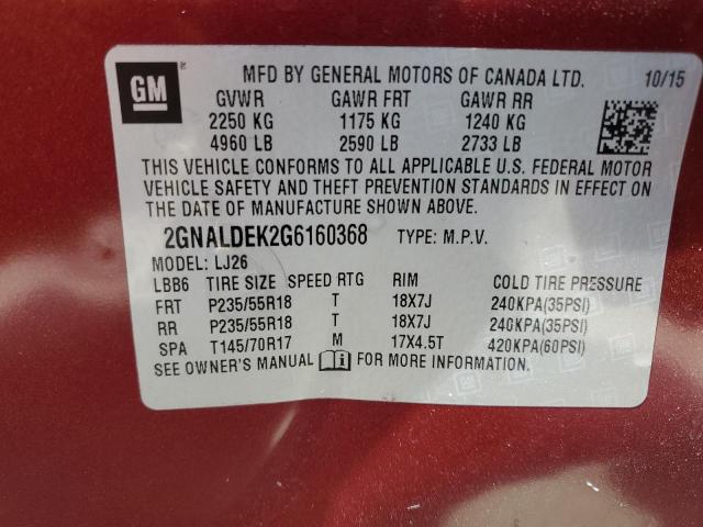 2GNALDEK2G6160368 - 2016 CHEVROLET EQUINOX LTZ RED photo 13