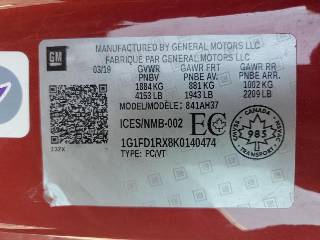 1G1FD1RX8K0140474 - 2019 CHEVROLET CAMARO LT 红色 照片 12