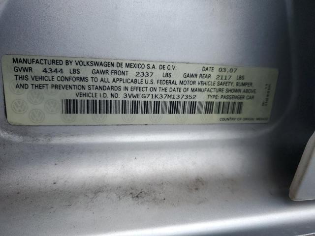 3VWEG71K37M137352 - 2007 VOLKSWAGEN JETTA WOLFSBURG 银色 照片 12