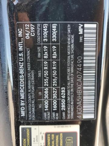 4JGDA5HBXCA074490 - 2012 MERCEDES-BENZ ML 350 4MATIC BLACK photo 13