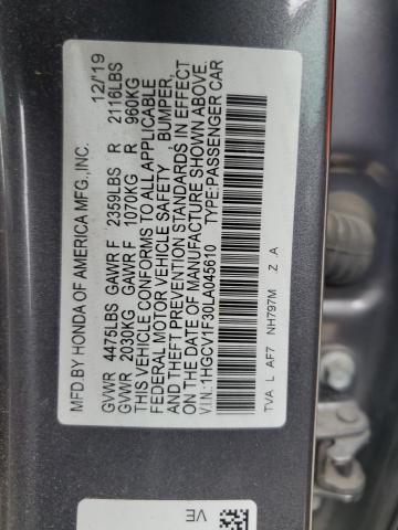1HGCV1F30LA045610 - 2020 HONDA ACCORD SPORT GRAY photo 12