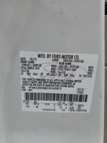 1FMCU0DG8CKC43973 - 2012 FORD ESCAPE XLT WHITE photo 12