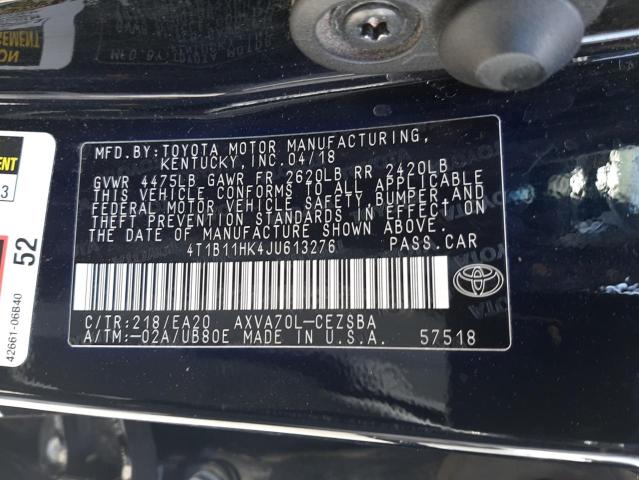 4T1B11HK4JU613276 - 2018 TOYOTA CAMRY L Schwarz Foto 12