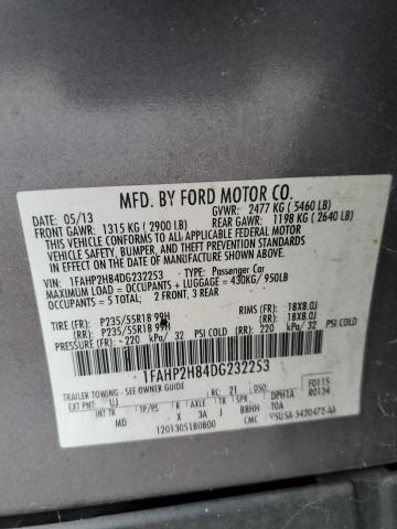 1FAHP2H84DG232253 - 2013 FORD TAURUS SEL GRAY photo 12