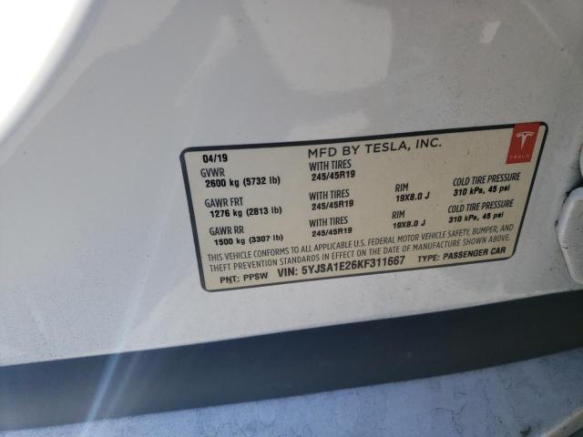 5YJSA1E26KF311667 - 2019 TESLA MODEL S WHITE photo 12