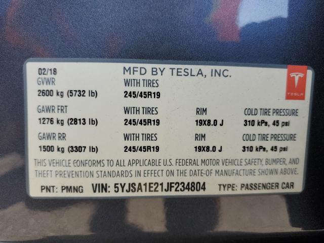 5YJSA1E21JF234804 - 2018 TESLA MODEL S GRAY photo 12