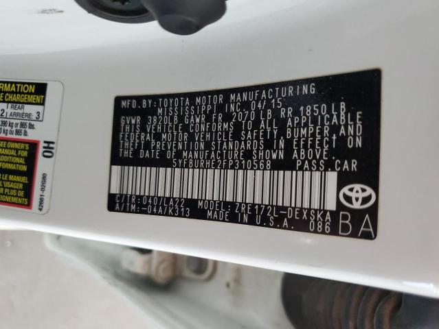 5YFBURHE2FP310568 - 2015 TOYOTA COROLLA L WHITE photo 13