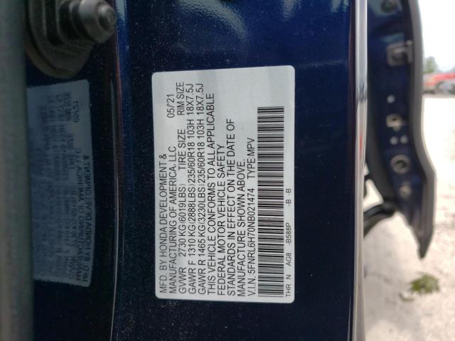 5FNRL6H70NB021474 - 2022 HONDA ODYSSEY EXL BLUE photo 13