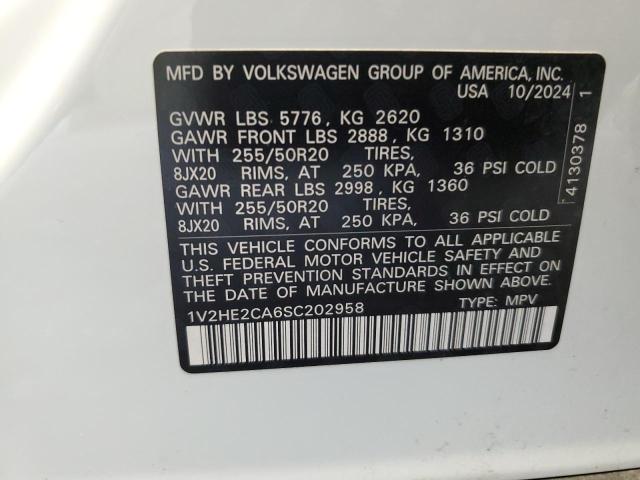 1V2HE2CA6SC202958 - 2025 VOLKSWAGEN ATLAS CROS SE Սպիտակ լուսանկար 13