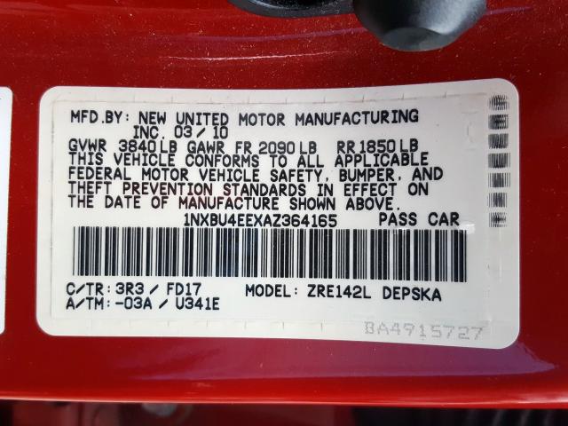 1NXBU4EEXAZ364165 - 2010 TOYOTA COROLLA BASE  photo 10