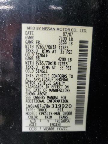 1N6BA07G78N319920 - 2008 NISSAN TITAN XE BLACK photo 12