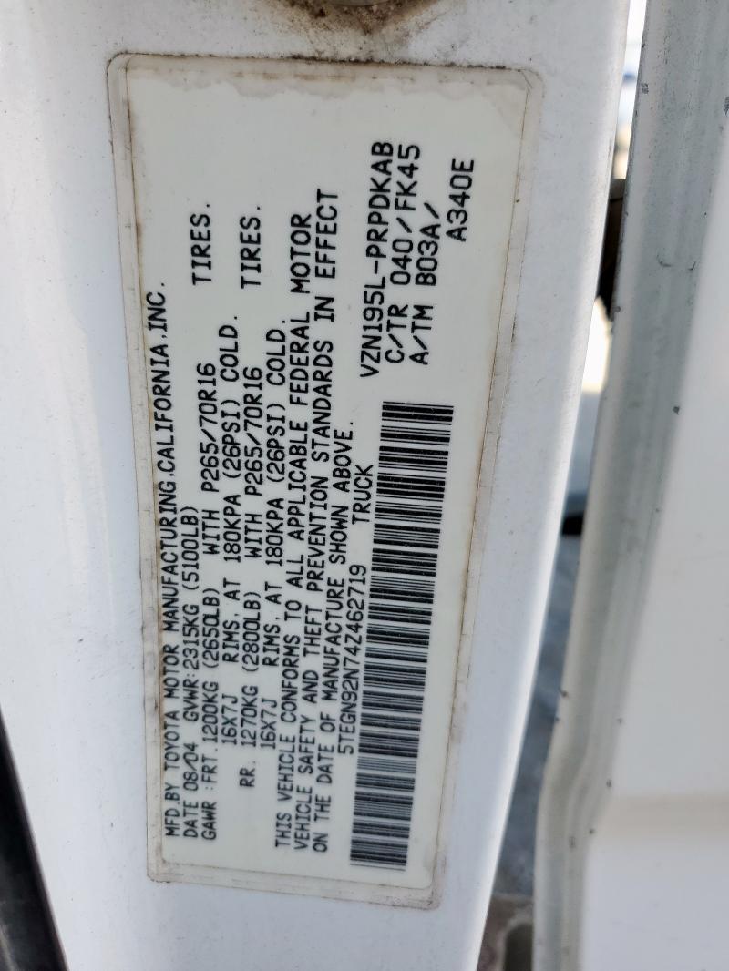 5TEGN92N74Z462719 - 2004 TOYOTA TACOMA DOUBLE CAB PRERUNNER WHITE photo 12