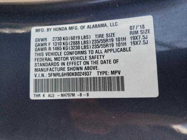 5FNRL6H90KB024937 - 2019 HONDA ODYSSEY ELITE Grau Foto 13