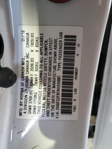 2HGFC2F87KH530881 - 2019 HONDA CIVIC SPORT 白色 照片 12