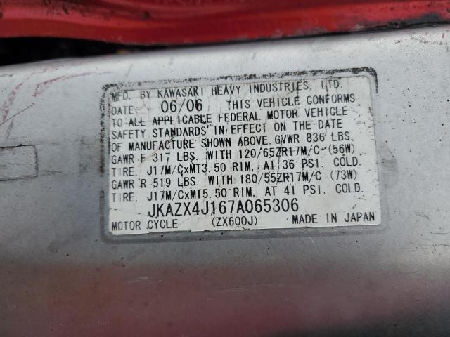 JKAZX4J167A065306 - 2007 KAWASAKI ZX600 J1 RED photo 10