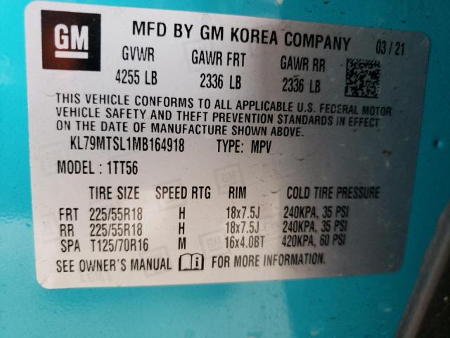 KL79MTSL1MB164918 - 2021 CHEVROLET TRAILBLAZE RS TURQUOISE photo 13