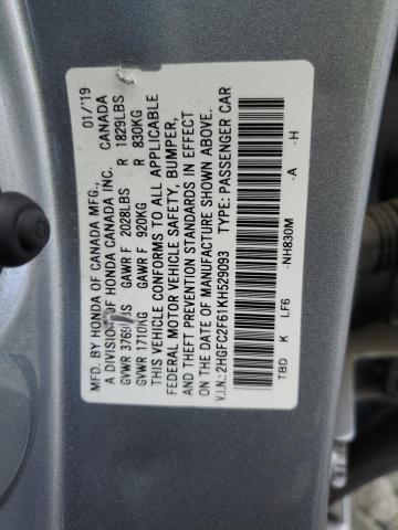 2HGFC2F61KH529093 - 2019 HONDA CIVIC LX SILVER photo 12