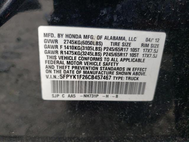 5FPYK1F26CB457467 - 2012 HONDA RIDGELINE RT BLACK photo 12