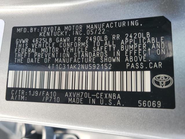 4T1C31AK2NU592152 - 2022 TOYOTA CAMRY LE SILVER photo 12