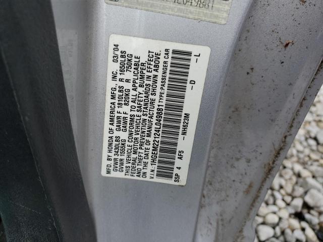 1HGEM22124L049881 - 2004 HONDA CIVIC DX VP SILVER photo 12