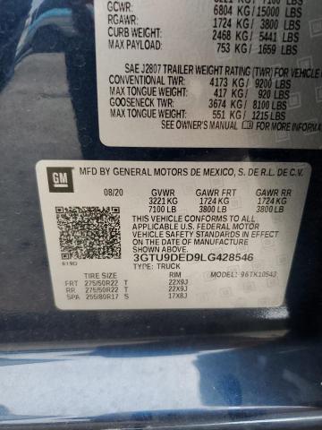 3GTU9DED9LG428546 - 2020 GMC SIERRA K1500 SLT BLUE photo 12