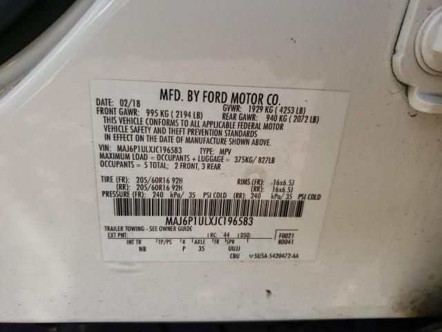 MAJ6P1ULXJC196583 - 2018 FORD ECOSPORT SE WHITE photo 13