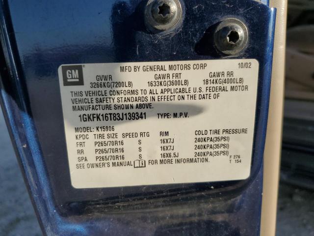 1GKFK16T83J139341 - 2003 GMC YUKON XL K1500 BLUE photo 12