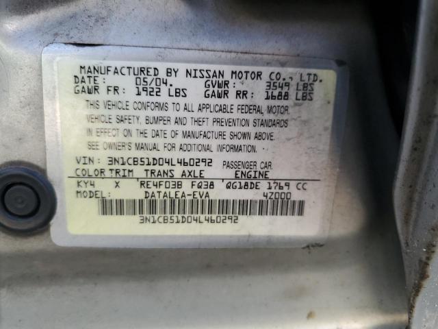 3N1CB51D04L460292 - 2004 NISSAN SENTRA 1.8 SILVER photo 12