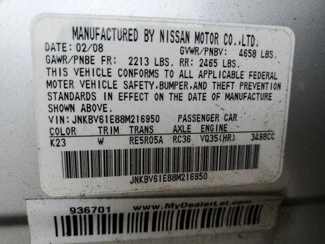 JNKBV61E88M216950 - 2008 INFINITI G35 SILVER photo 12