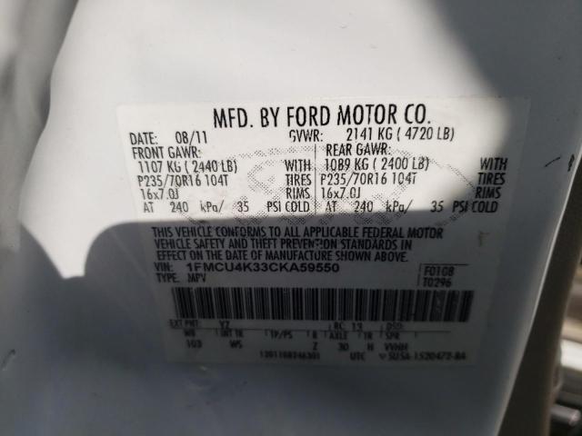 1FMCU4K33CKA59550 - 2012 FORD ESCAPE HYBRID WHITE photo 10