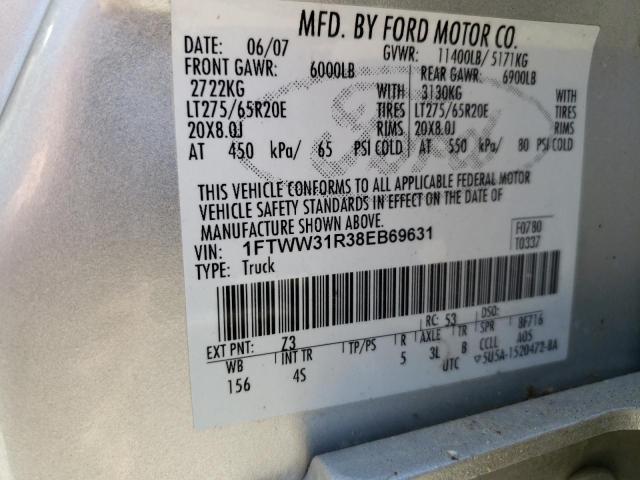 1FTWW31R38EB69631 - 2008 FORD F350 SRW SUPER DUTY SILVER photo 10