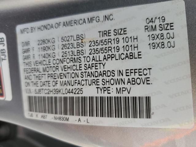 5J8TC2H39KL044225 - 2019 ACURA RDX SILVER photo 13