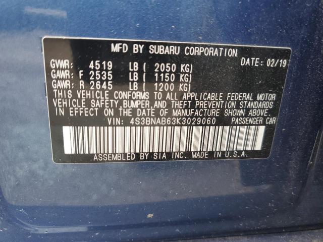 4S3BNAB63K3029060 - 2019 SUBARU LEGACY 2.5I BLUE photo 12