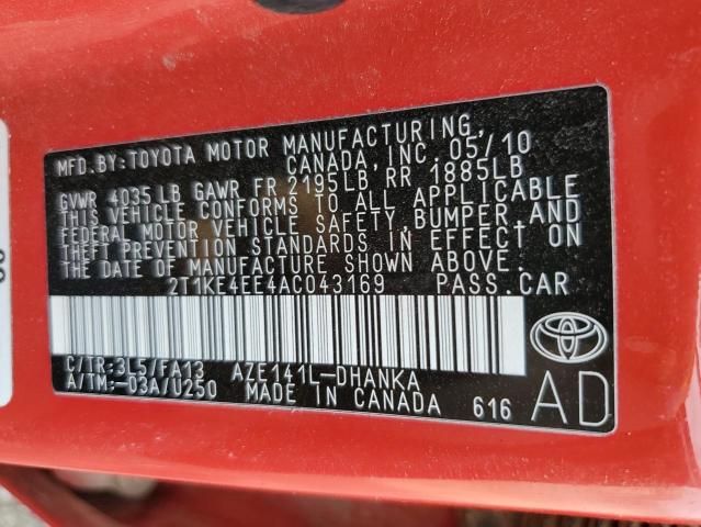 2T1KE4EE4AC043169 - 2010 TOYOTA COROLLA MA S RED photo 12