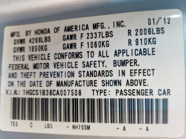 1HGCS1B38CA007508 - 2012 HONDA ACCORD LX  photo 10