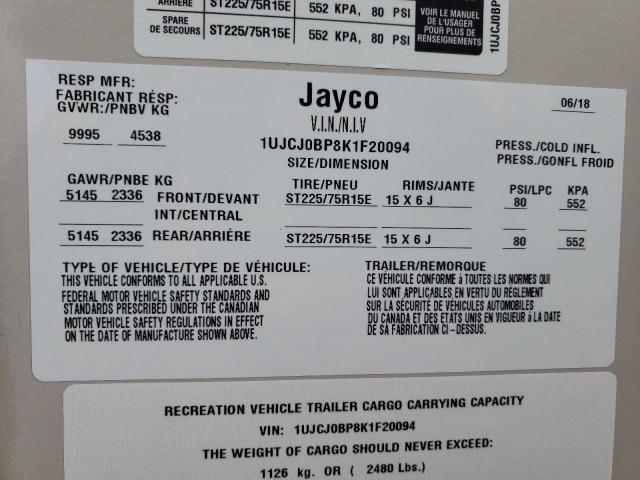 1UJCJ0BP8K1F20094 - 2019 JAYCO EAGLE BEIGE photo 10